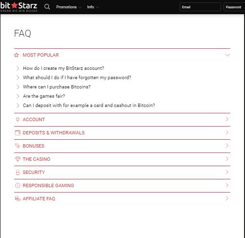 bitstarz faq screenshot