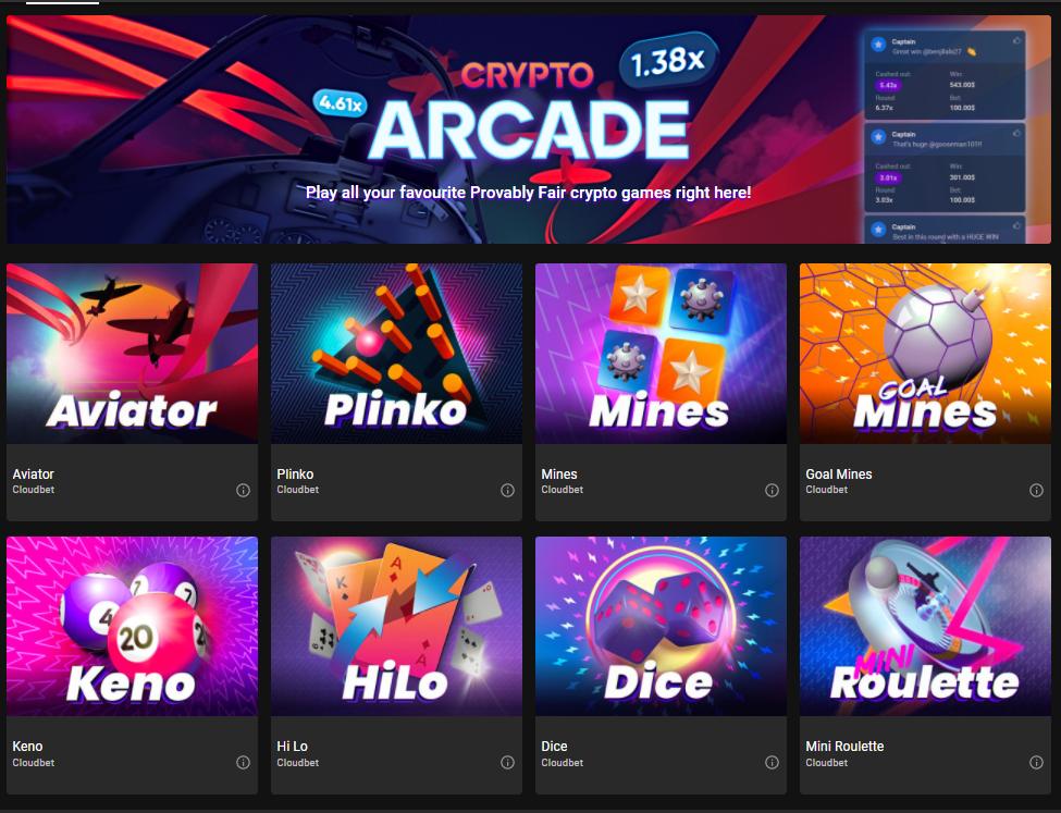 cloudbet crypto arcade games selection