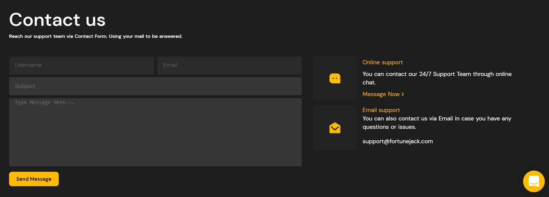 fortunejack contact us form screenshot